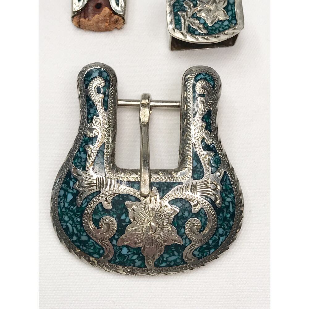 VTG Mexico Alpaca Silver Inlaid Turquoise Ornate Tipped Belt Buckle 3 Piece Set - Picture 13 of 16